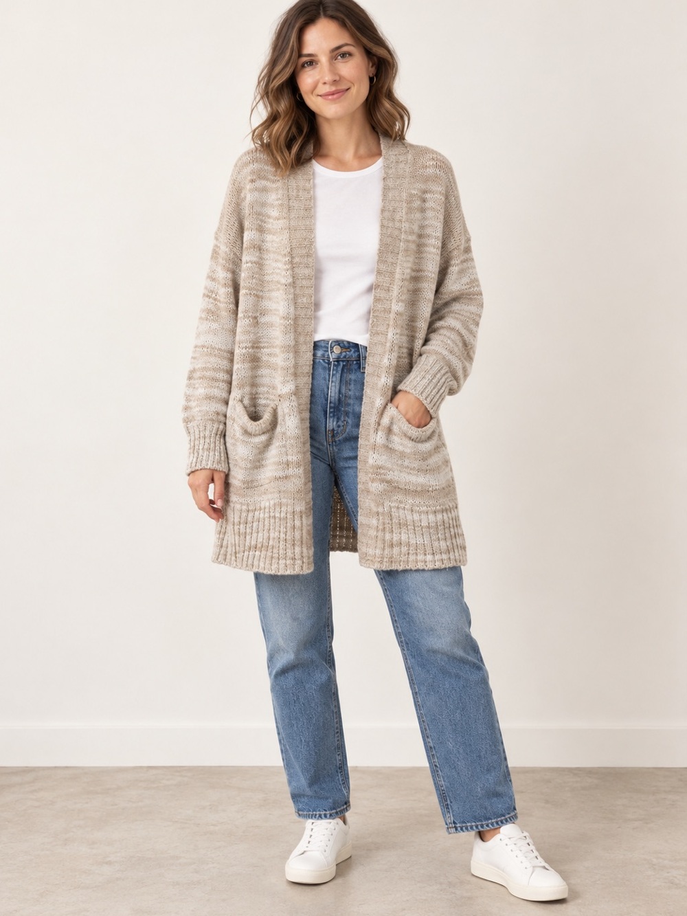 Madewell Oversized Open-Front Chunky Knit Cardigan Sweater - Beige
